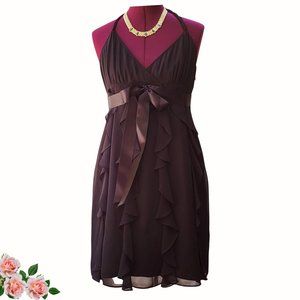 Eliza J New York Black Sheath Dress Womens 10P Plunging Halter Cascade Ruffles